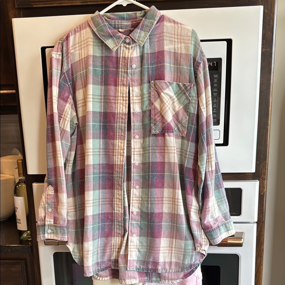 Plaid Button-Up Shirt - Pink and Green